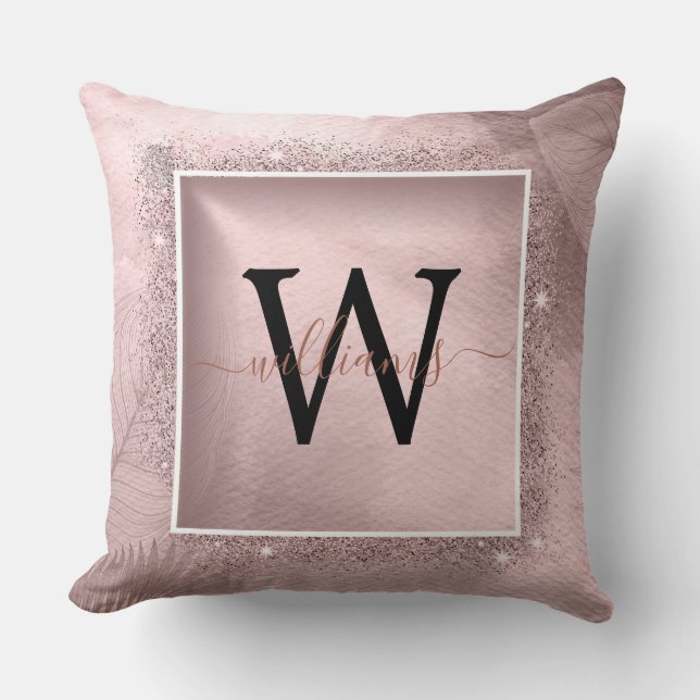 Almofada Monograma de Script Glitter Dourado rosa (Frente)