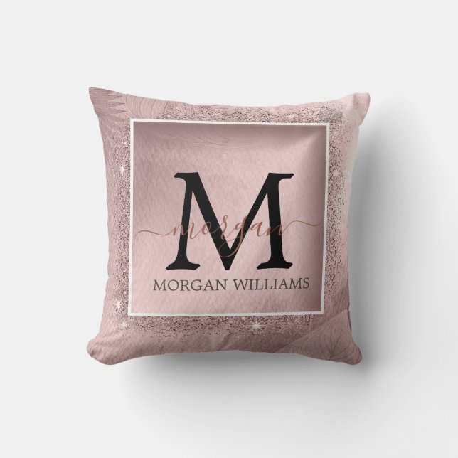 Almofada Monograma de Script Glitter Dourado rosa (Frente)