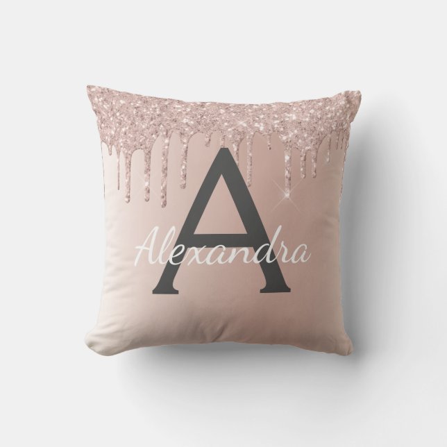 Almofada Monograma de Script Rapariga Rosa Rosa Dourada Bru (Frente)