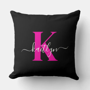 Almofada Monograma de Script Rosa Quente Preto Elegante