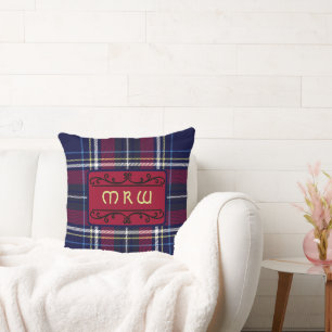 Almofada Monograma de Tartan Vermelho Azul em Leão Celta