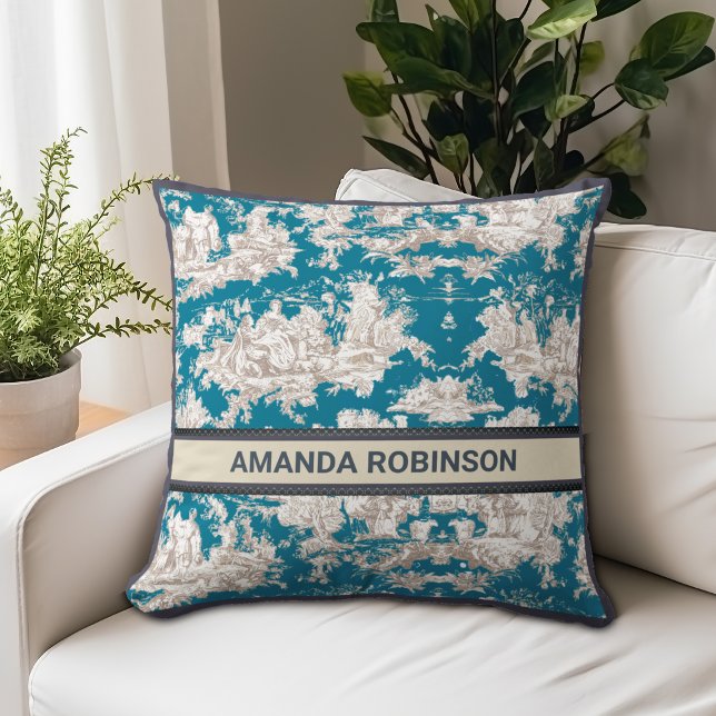 Almofada Monograma de Torquoise Azul de Jouy (Criador carregado)