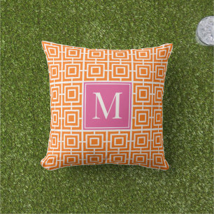 Almofada Monograma de Treliça Quadrada Preppy Rosa Quente e