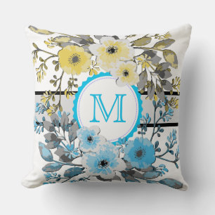 Almofada Monograma de Vintagem Floral Amarelo Azul