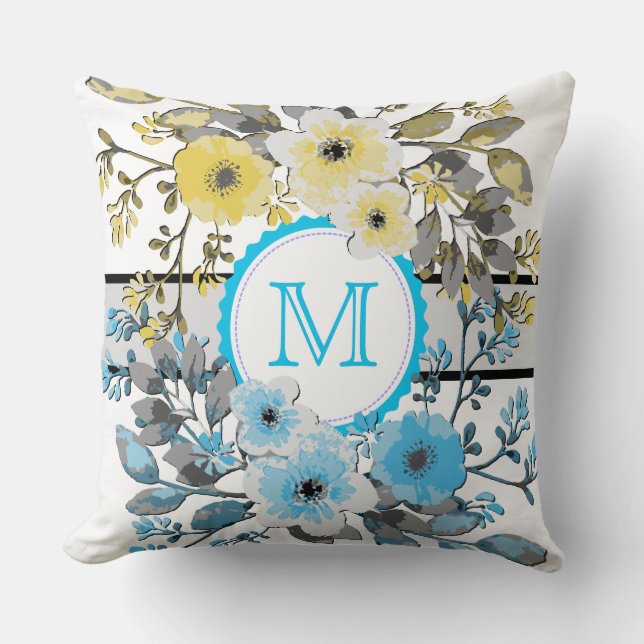 Almofada Monograma de Vintagem Floral Amarelo Azul (Frente)