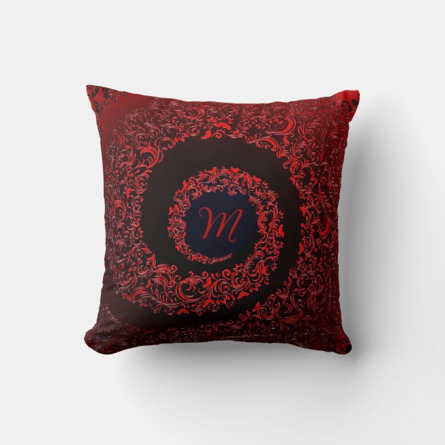 Almofada Monograma do Damasco Vermelho Elegante (Frente)