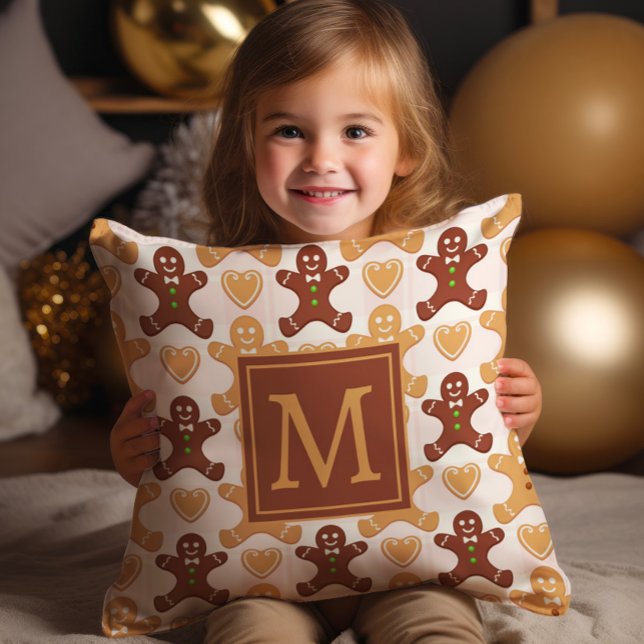 Almofada Monograma do Homem de Pão Gelado (Monogrammed Gingerbread man decorator Christmas/holiday pillow)