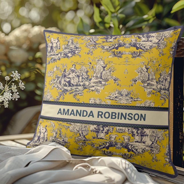 Almofada Monograma do lago floral de cor amarela do jouy (Criador carregado)