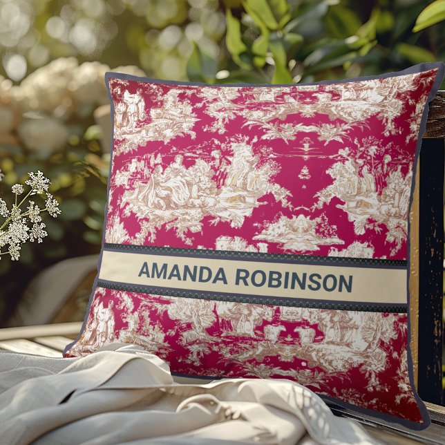 Almofada Monograma do lago floral vermelho de jouy (Criador carregado)