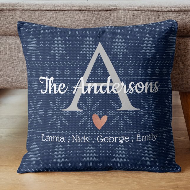 Almofada Monograma do Nome da Família Padrão do Knit Azul E (Elegant Blue Knit Pattern Family Name Monogram Throw Pillow)