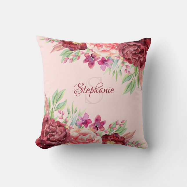 Almofada Monograma do Nome Floral Blush Burgundy (Frente)