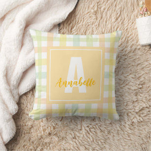 Almofada Monograma do Pastel Gingham Gingham verde-laranja 