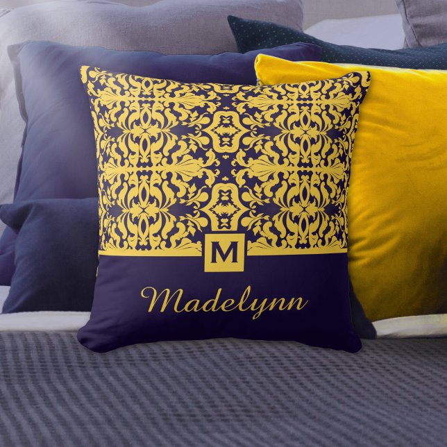 Almofada Monograma Dourado Azul Clássico (Criador carregado)