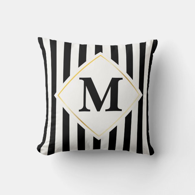 Almofada Monograma Dourado branco com faixas brancas e pret (Frente)