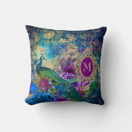 Almofada Monograma Dourado de Teal Roxo Elegante Peacock