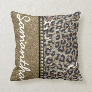 Almofada Monograma Dourado do brilho e do leopardo