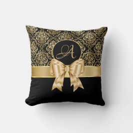 Almofada Monograma Dourado Elegante de Damasco a Preto