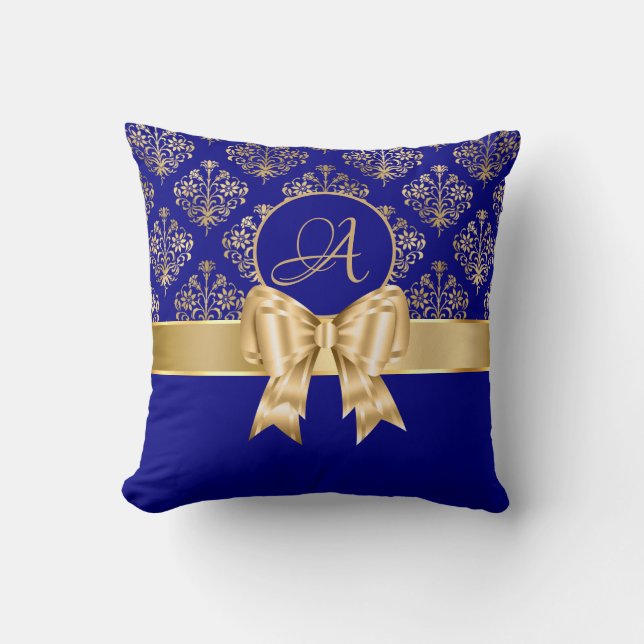 Almofada Monograma Dourado Elegante De Damasco Em Azul Mari (Frente)