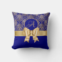 Monograma Dourado Elegante De Damasco Em Azul Mari