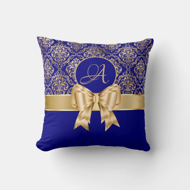 Almofada Monograma Dourado Elegante De Damasco Em Azul Mari (Frente)