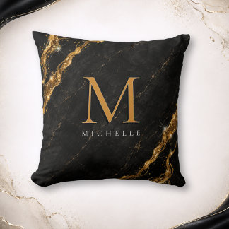 Almofada Monograma Dourado Mármore Preto Glam Personalizado