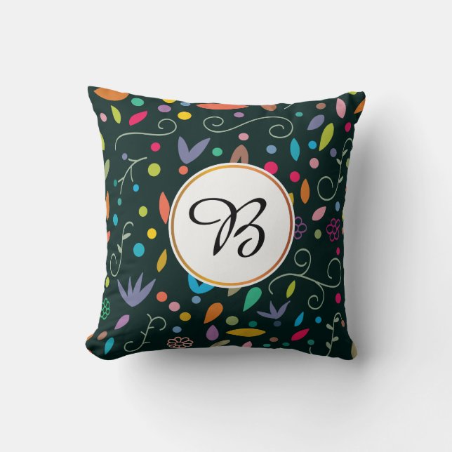 Almofada monograma e folhas com padrão (Frente)