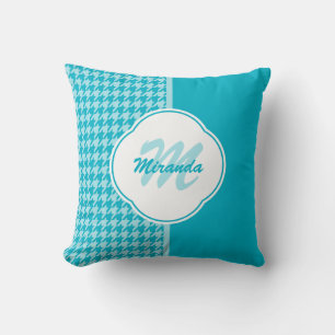 Almofada Monograma e Nome Moderno de Houndstooth Turquesa
