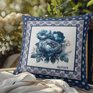 Almofada Monograma elegante de flores azuis, de galinha