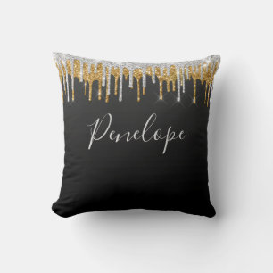 Almofada Monograma Elegante Glitter de Prata Dourada Preta