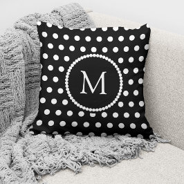 Almofada Monograma Elegante Preto Branco Pontos Polka