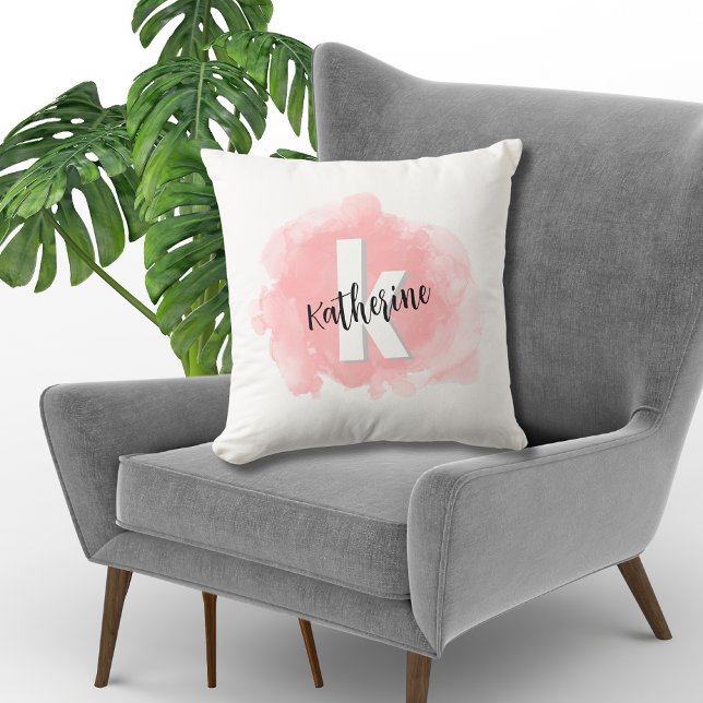 Almofada Monograma em Aquarela Rosa (Modern Pink Watercolor Monogrammed Throw Pillow)