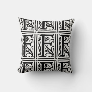 Almofada Monograma F Padrão Floral Branco e Preto Inicial