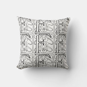 Almofada Monograma F Padrão Floral Branco e Preto Inicial