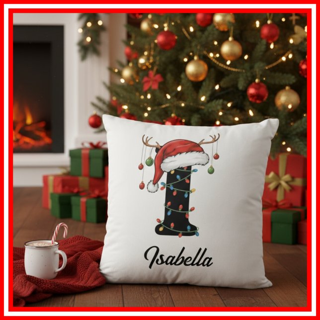 Almofada Monograma Família Natal Antlers Santa Hat (Criador carregado)