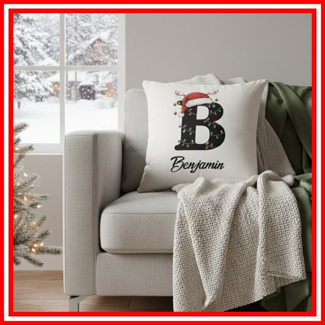 Almofada Monograma Família Natal Antlers Santa Hat (Criador carregado)