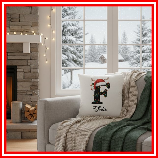 Almofada Monograma Família Natal Antlers Santa Hat (Criador carregado)