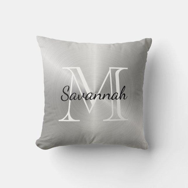 Almofada Monograma Faux Metal de prata de luxo (Frente)