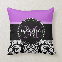 Almofada Monograma feminino do damasco preto roxo