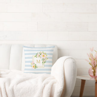 Almofada Monograma Floral Chic Pastel Blue Stripe Coastal