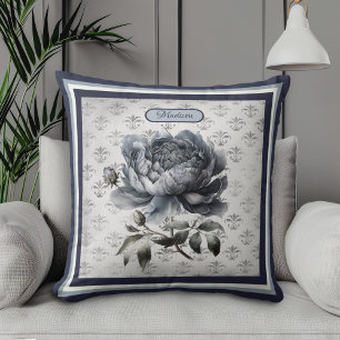 Almofada Monograma floral de chinoiserie azul