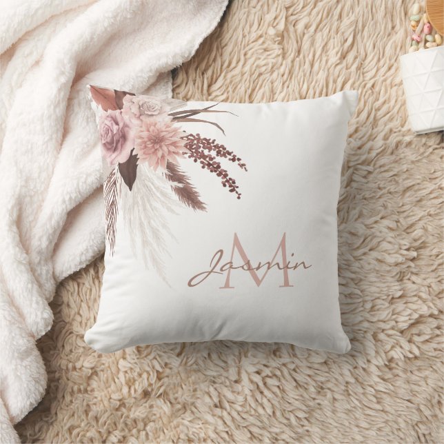 Almofada Monograma Floral de Grama de Pampas Rosa Boho (Cobertor)