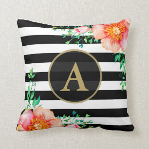 Almofada Monograma Floral Dourado Monograma Preto Stripe Br