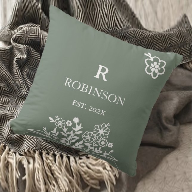 Almofada Monograma Floral em Azul Claro Personalizado Inici (Floral Monogram Soft Teal Custom Initial Throw Pillow)