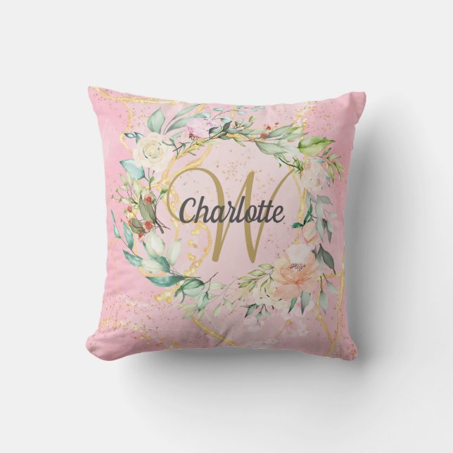 Almofada Monograma Floral em Script Dourado em Geodo Rosa Á (Frente)