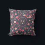 Almofada Monograma Floral Escuro<br><div class="desc">Bonito pintura de flores silvestres rosa e cor-de-rosa sobre fundo de cinza escuro. Altere o monograma inicial na frente para personalizar.</div>