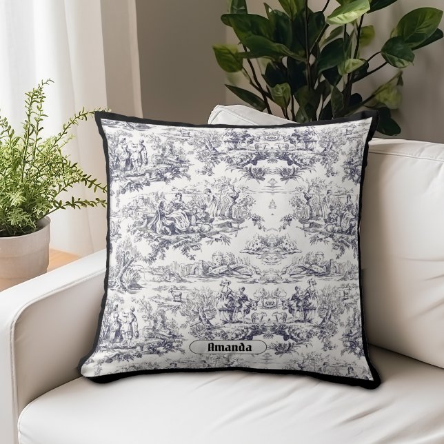 Almofada Monograma floral preto de jouy (Criador carregado)