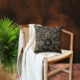 Almofada Monograma Floral Preto Prateado Elegante