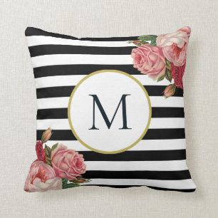 Almofada Monograma Floral Retro-Floral em Branco, Branco e 