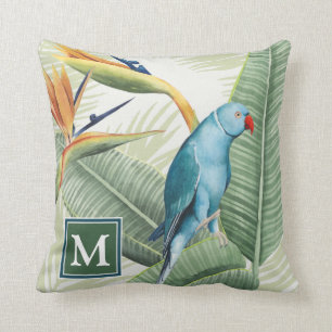 Almofada Monograma Folhas De Palma Com Pássaro Azul