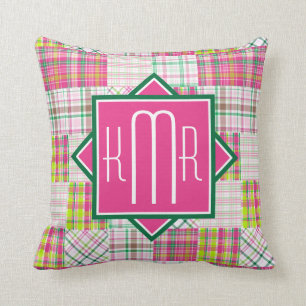 Almofada Monograma formal xadrez cor-de-rosa & verde de